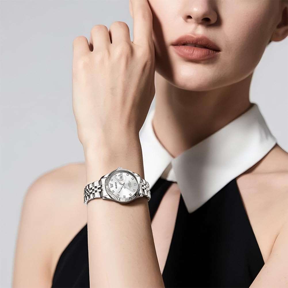OLEVS Silver Womens Watches Fashion Dress Diamond Quartz Female Wristwatch for Ladies Stainless Steel Waterproof Day Date Luxury Watch for Women