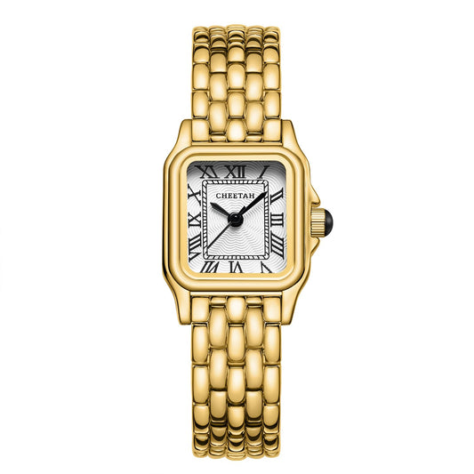 CHEETAH Watches for Women with Small Vintage Bracelet, Gold White Face, Rectangular Case, Roman Dial