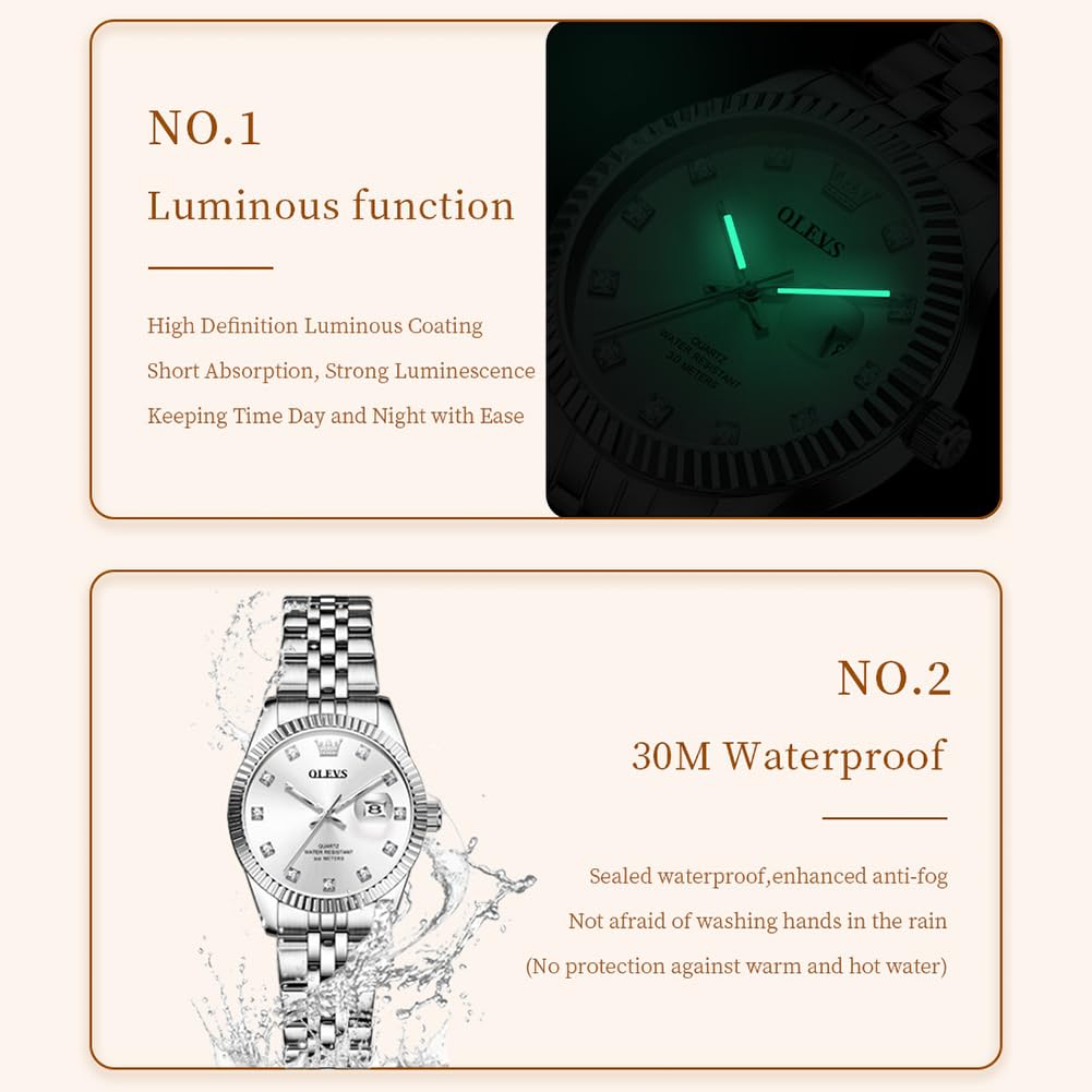 OLEVS Silver Womens Watches Fashion Dress Diamond Quartz Female Wristwatch for Ladies Stainless Steel Waterproof Day Date Luxury Watch for Women