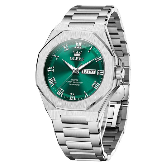 OLEVS Mens Watch Luxury Square Octagonal Stainless Steel Business Dress Wristwatch Roman Numeral Dial Luminous Waterproof Green