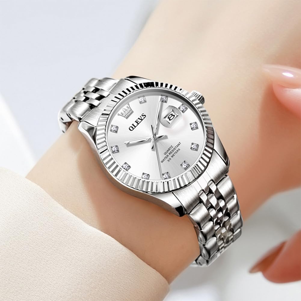 OLEVS Silver Womens Watches Fashion Dress Diamond Quartz Female Wristwatch for Ladies Stainless Steel Waterproof Day Date Luxury Watch for Women