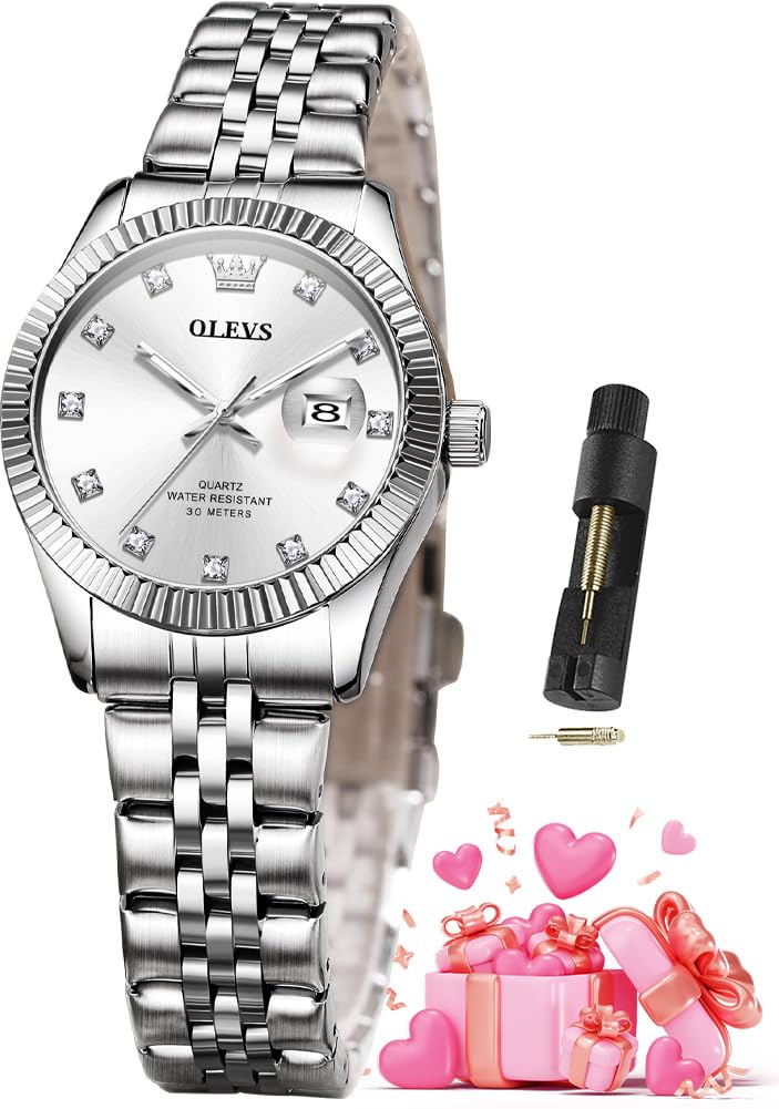 OLEVS Silver Womens Watches Fashion Dress Diamond Quartz Female Wristwatch for Ladies Stainless Steel Waterproof Day Date Luxury Watch for Women
