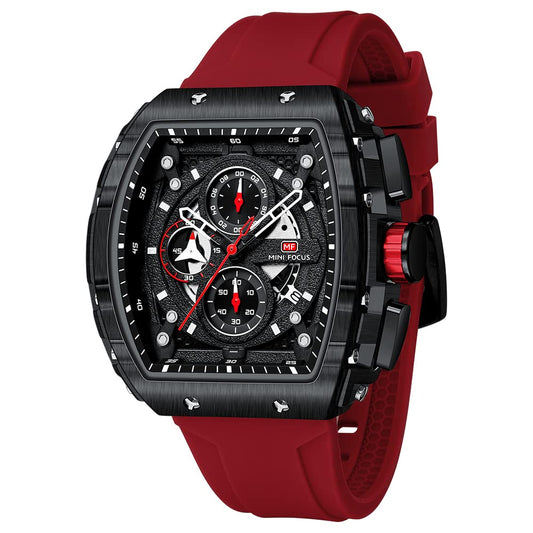 MF MINI FOCUS Men's Watch Fashion Tonneau Wrist Watches (Chronograph/Waterproof/Luminous/Calendar) Silicon Strap Quartz Watches for Men (Red & Black)
