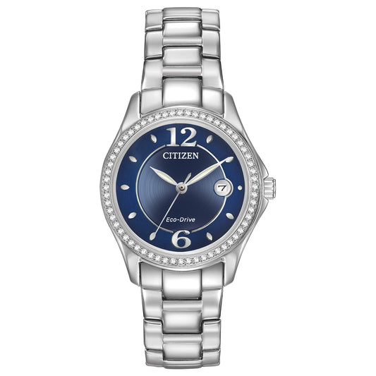 Citizen Women's Eco-Drive Dress Classic Crystal Watch in Stainless Steel, Blue Dial (Model: FE1140-86L)