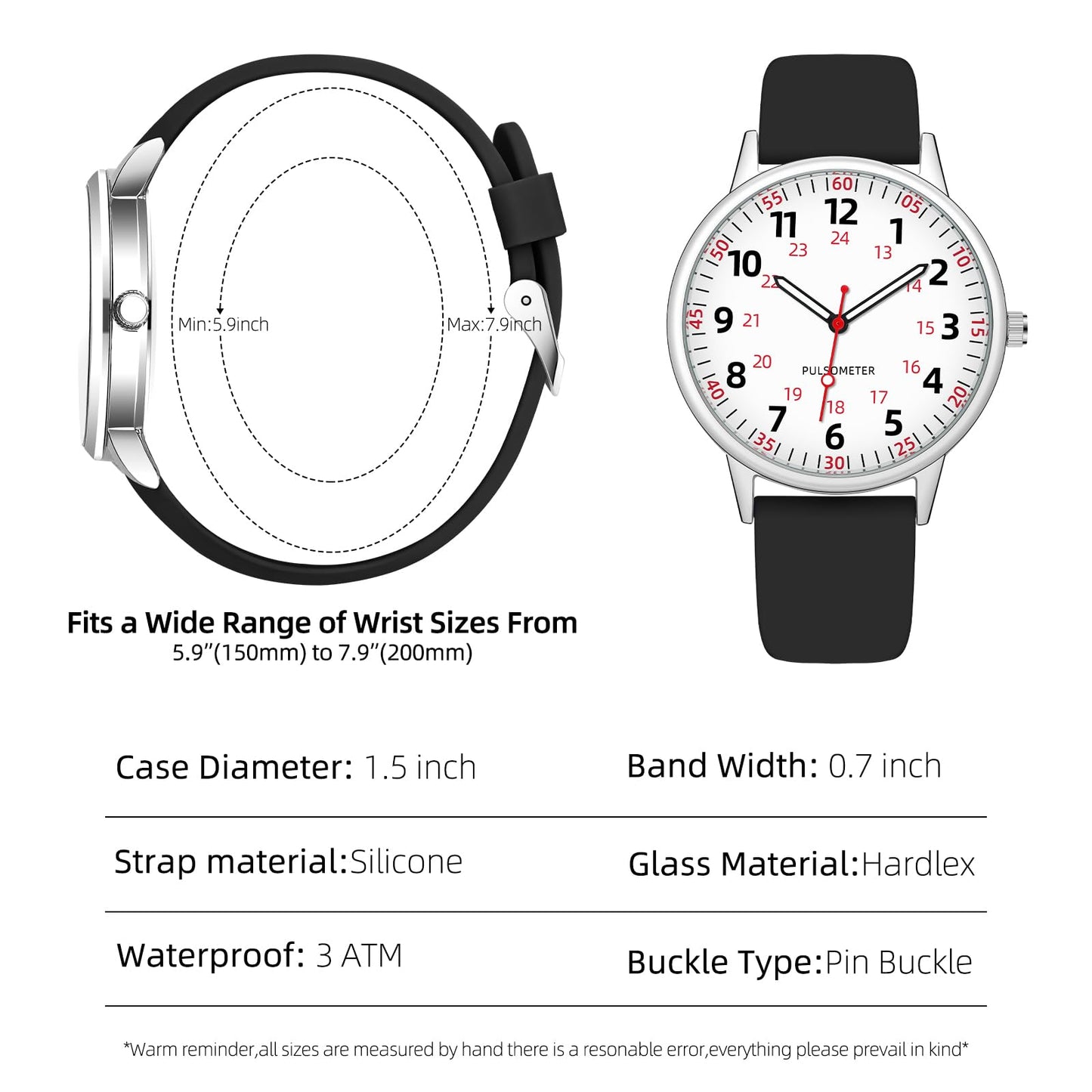 TWOPTION Nurse Watch for Women Waterproof Analog Silicone Watch with Second Hand Nursing Easy Read Dial Nurse Watches(Black)