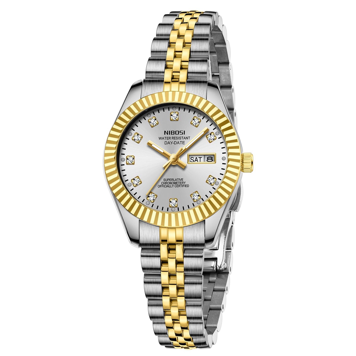 NIBOSI Watches for Women Analog Quartz Stainless Steel Dial Gold Silver Two Tone Bracelet with Day Date Luminous Waterproof Dainty Classic Luxury Diamond Elegant Dress Women's Watch for Small Wrists