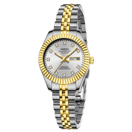 NIBOSI Watches for Women Analog Quartz Stainless Steel Dial Gold Silver Two Tone Bracelet with Day Date Luminous Waterproof Dainty Classic Luxury Diamond Elegant Dress Women's Watch for Small Wrists