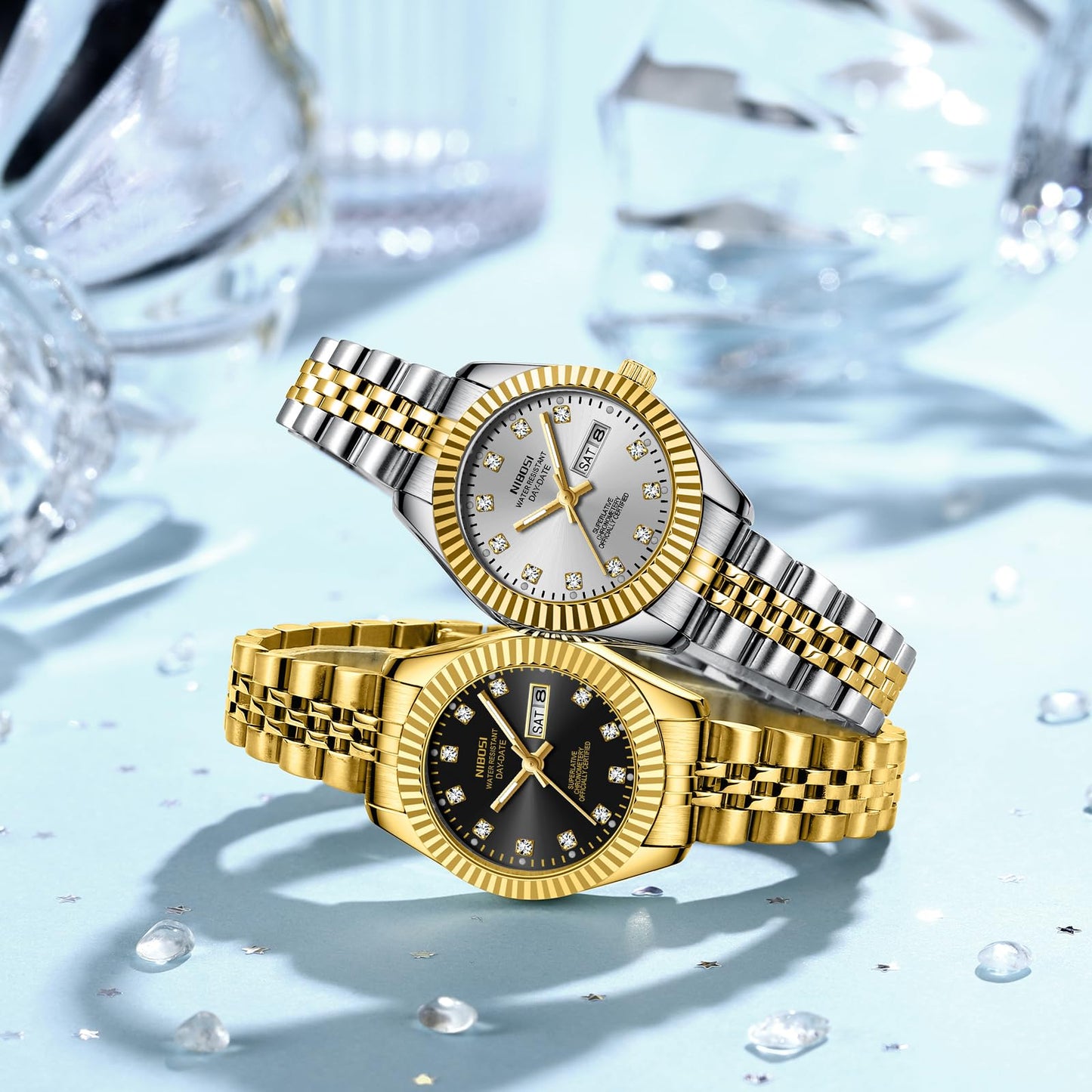 NIBOSI Watches for Women Analog Quartz Stainless Steel Dial Gold Silver Two Tone Bracelet with Day Date Luminous Waterproof Dainty Classic Luxury Diamond Elegant Dress Women's Watch for Small Wrists