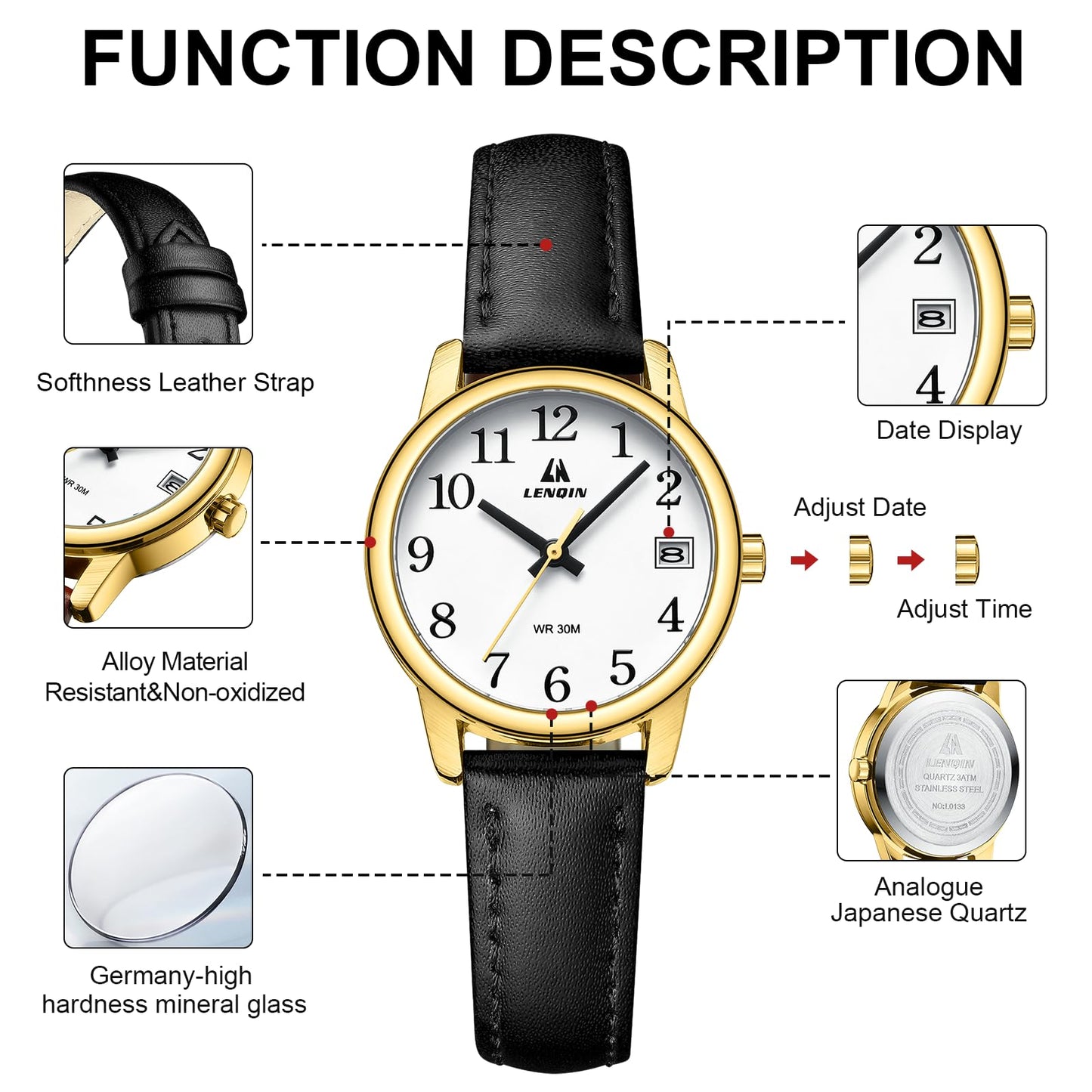 LN LENQIN Womens Watch Analog Quartz Waterproof Ladies Watches for Women Easy Read Women's Wrist Watches with Leather Strap Luminous Dial