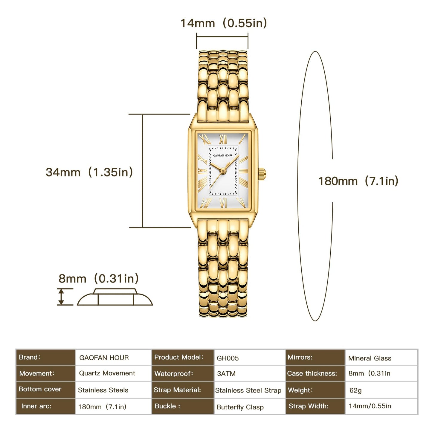 GAOFAN HOUR Gold Watches for Women with Vintage Rectangular Case,White Roman Dial,Stainless Steel Band,Adjustment Tool Included,Water Resistant