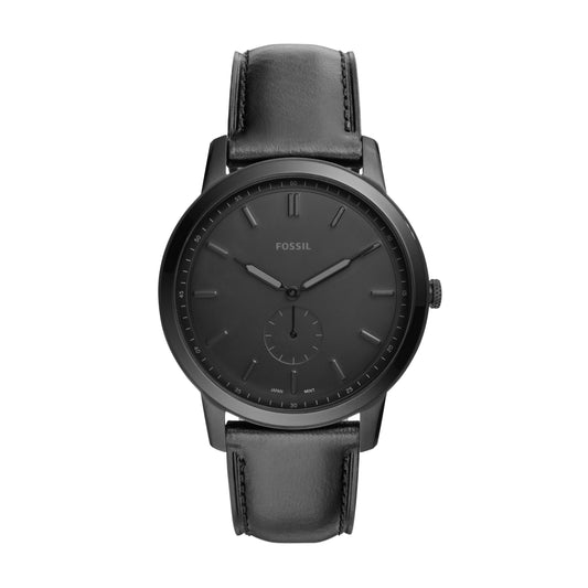 Fossil Men's Minimalist Quartz Stainless Steel and Black Leather Three-Hand Watch for Men, Color: Black