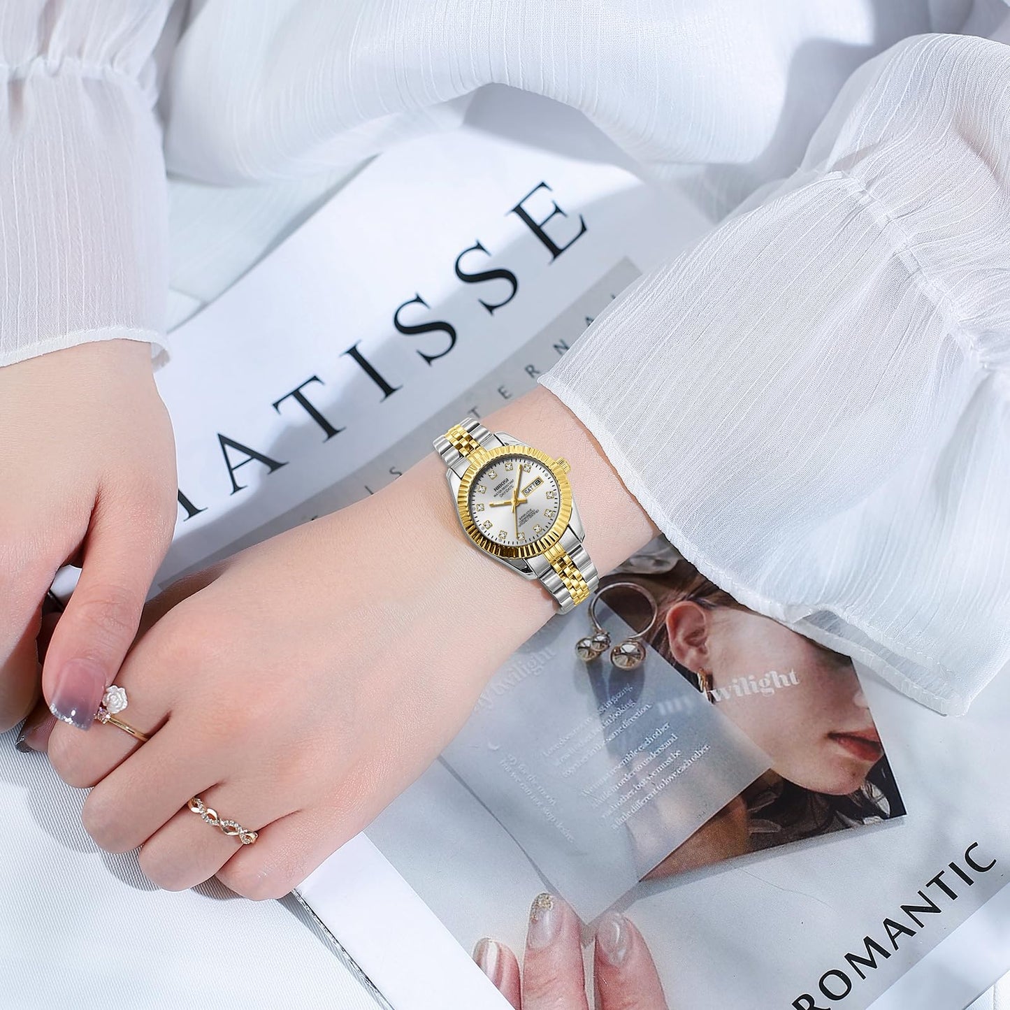 NIBOSI Watches for Women Analog Quartz Stainless Steel Dial Gold Silver Two Tone Bracelet with Day Date Luminous Waterproof Dainty Classic Luxury Diamond Elegant Dress Women's Watch for Small Wrists