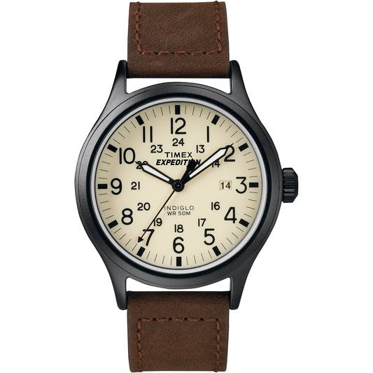 Timex Men's Expedition Scout 40mm Watch – Cream Dial Black Case & Brown Leather Strap